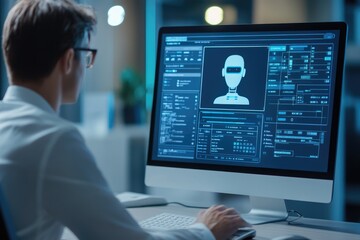 A business professional monitors a chatbot interface on their computer screen, evaluating the system's performance in providing real-time customer support