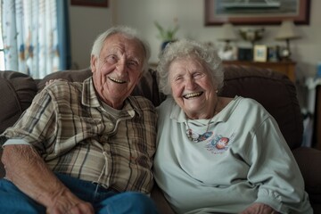 Elderly couple enjoying a quiet moment in their living room, their smiles and content expressions showing the joy of retirement together