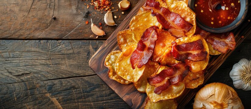 Potato Crisps With Backon Flavour With Grilled Bacon Rashers On Vintage Chopping Board With Garlic And Sauce On Wood Background
