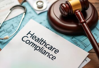 Close-up of a healthcare compliance document alongside a gavel and medical tools, representing legal and regulatory aspects of the healthcare industry.