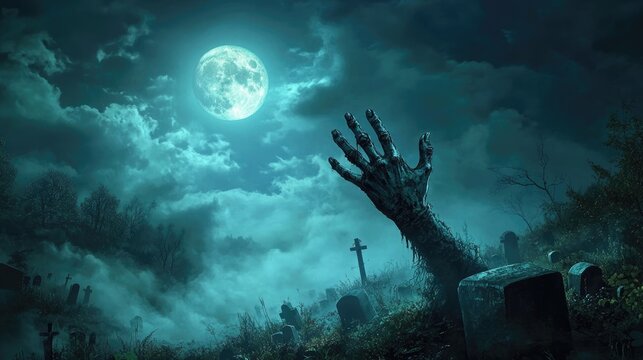 Dark and spooky Halloween background featuring a zombie hand reaching out from a grave in a mist-covered cemetery, with a full moon illuminating the night sky