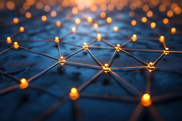 Abstract network of glowing orbs connected by thin lines on a dark blue background.