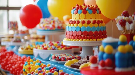Naklejka premium A festive dessert table with a variety of colorful cakes, candy, and cookies, all bursting with bright reds, yellows, and blues, creating a lively atmosphere.