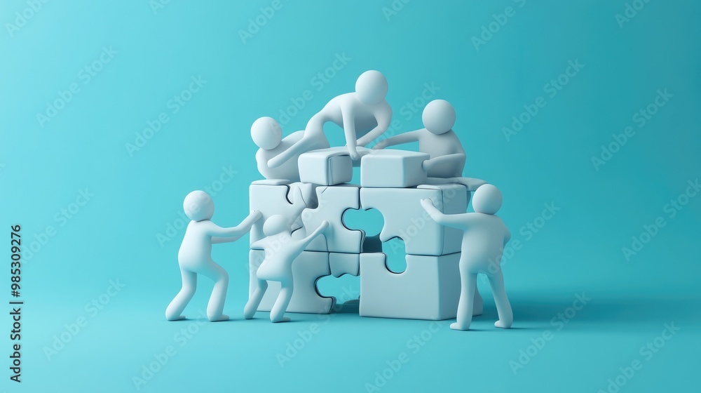 Poster a group of 3d characters trying to assemble a puzzle, but forcing the wrong pieces together, symboli