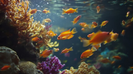 A school of guppies darting around a coral reef in a tropical aquarium