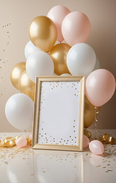 Cartel enmarcado en dorado con globos y decoraci&oacute;n de fiesta elegante
