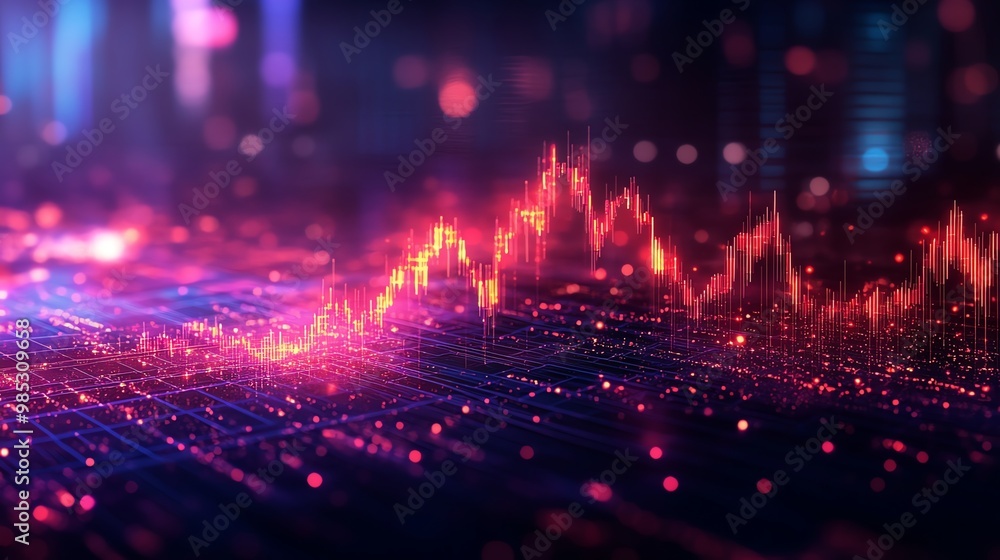 Poster abstract red and blue digital line graph with glowing lights.
