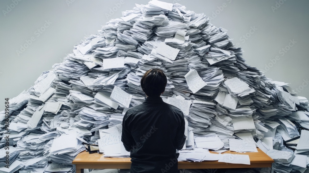 Poster a mountain of unfinished work on a desk, with a person standing in front, looking defeated and overw