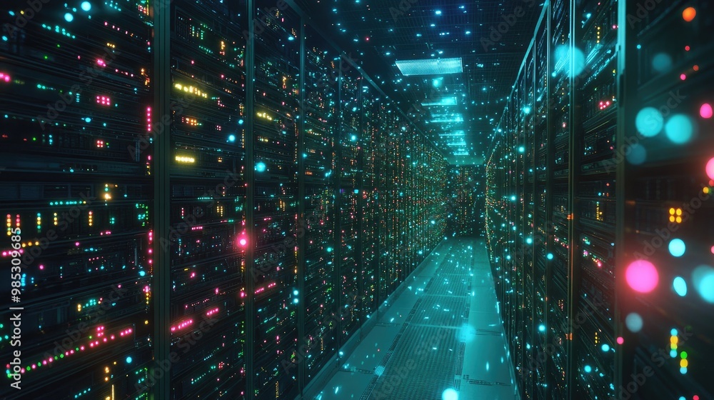 Poster a modern server room filled with rows of network racks and blinking leds, capturing the organized ch