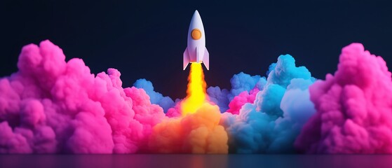 Rocket made of colorful swirling ideas, launching from a business conference table, startup concept, launching creative ideas