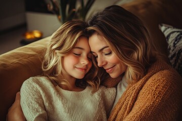 High-resolution brightly lit photorealistic candid photograph of a mother and daughter bonding together in a warm, inviting living room. The image is styled like a high-end lifestyle magazine, with a