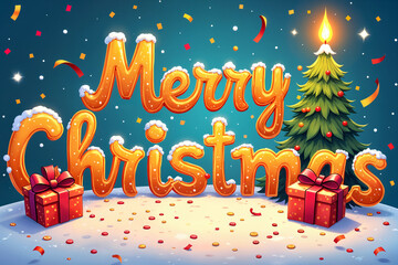 Festive scene with the words Merry Christmas prominently displayed, along with two gift boxes and a small Christmas tree.