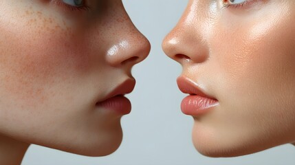 Obraz premium T-zone transformation image, illustrating the effect of blackhead treatment with refined skin texture and clean pores, side-by-side view, Realistic, Bright Lighting