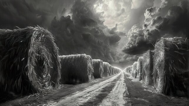 Dramatic Stormy Sky Over Hay Bales and Country Road