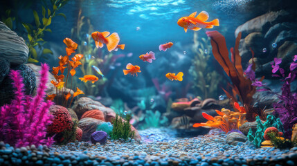 Naklejka premium A vibrant aquarium scene featuring a variety of guppies and underwater decorations