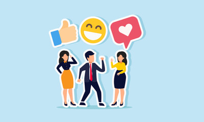 Several employees are gathered, discussing appreciation symbolized by thumbs up, hearts, and smiley emoticons, illustration of receiving recognition for their work or business efforts