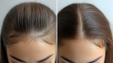 Obraz premium Visual blog comparison of two hair loss treatments, with detailed before-and-after photos showing treatment outcomes in terms of hairline restoration and density