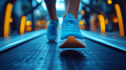 Fototapeta premium Closeup of a person's feet running on a treadmill.