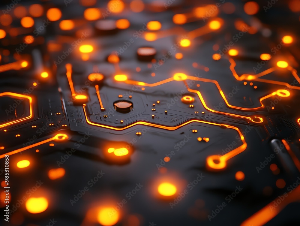 Poster abstract technology background with glowing lines and circuits on a dark surface.