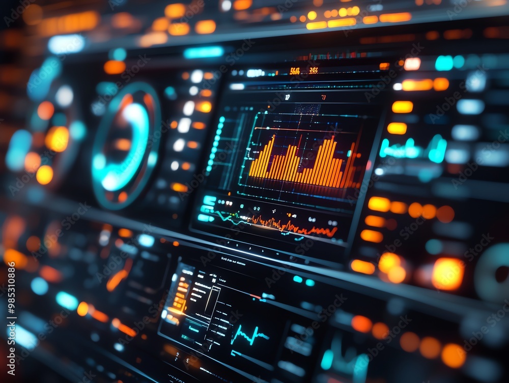 Poster Abstract technological interface with digital displays showing data, charts, and graphs.