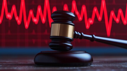 Conceptual representation of justice and health, featuring a gavel on a wooden surface with an electrocardiogram background, highlighting the connection between law and medical eth