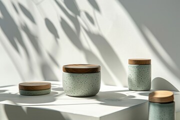 Naklejka premium Minimal product display with a focus on leaf shadows and elegance