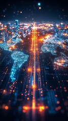 Fototapeta premium Abstract world map with blue and orange lights, depicting global connection.