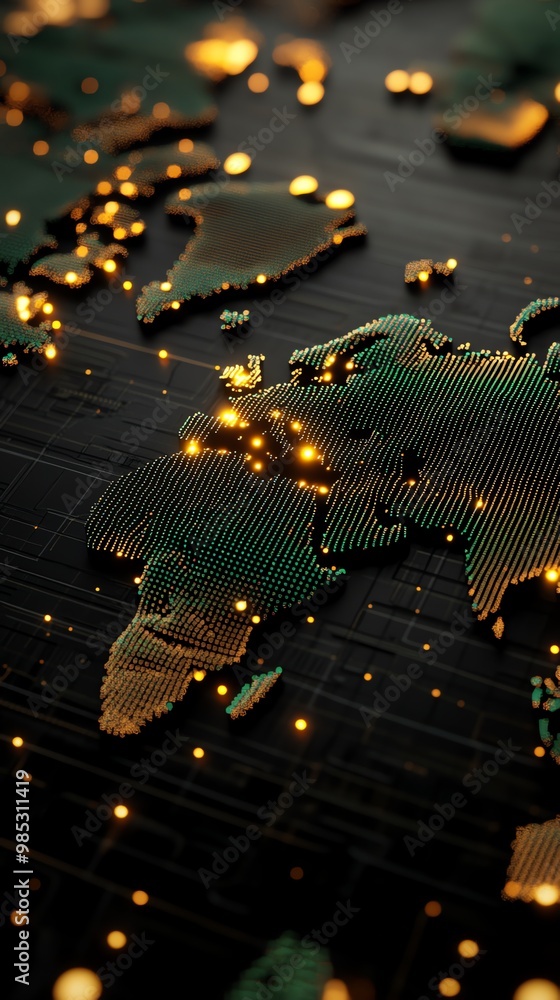 Poster abstract world map with glowing lights representing global connectivity.