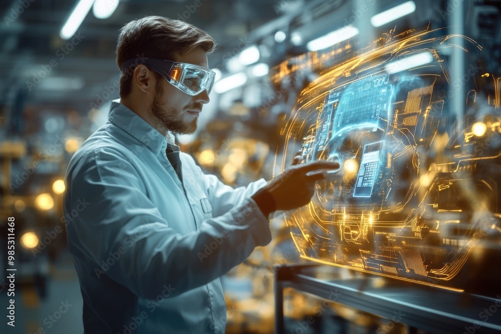 Poster very realistic and photographic photo of an engineer analyzing data on a holographic interface withi