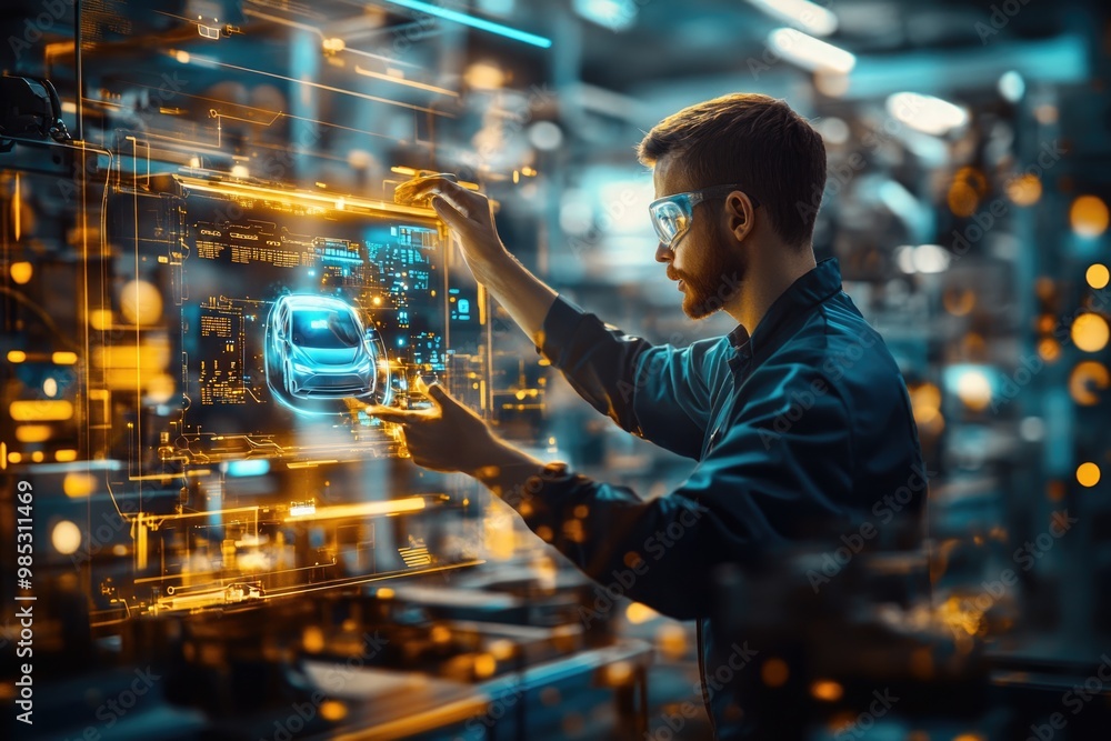 Poster very realistic and photographic photo of an engineer navigating a holographic display within a high-