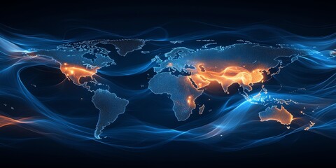 Abstract world map with blue and orange waves, representing global connectivity and communication.