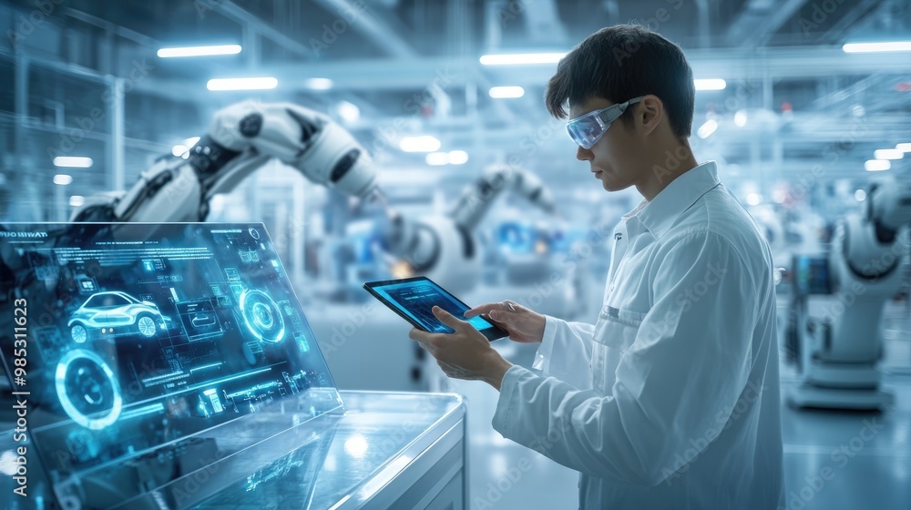 Poster engineer using a tablet in a high-tech electric vehicle factory, surrounded by futuristic holographi