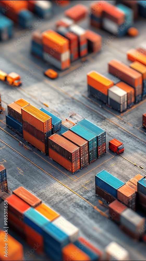 Aufkleber Aerial view of a busy container port with trucks and cargo containers stacked high.