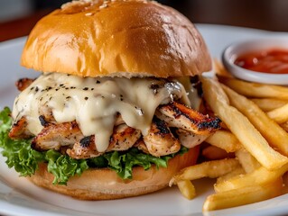 A juicy grilled chicken burger topped with melted cheese, lettuce, and served with a side of golden french fries.