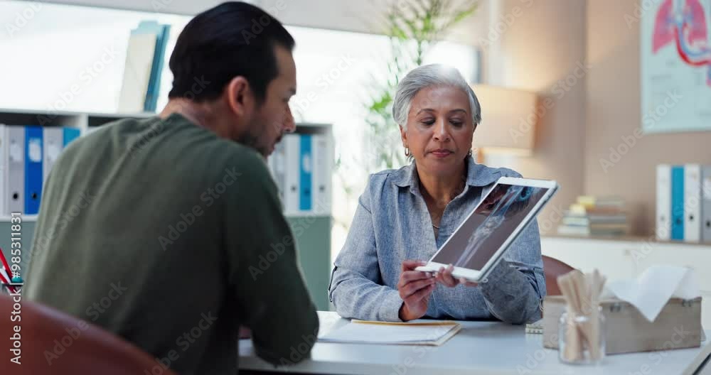 Poster Consulting, doctor and xray with tablet and woman for medical, report or treatment plan. Healthcare, medicine and synthetic stem cell therapy with patient and bone marrow transplant breakthrough