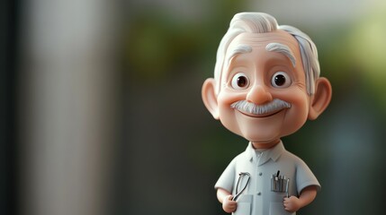 Obraz premium A cheerful elderly cartoon character with glasses, a mustache, and a shirt holding pens.