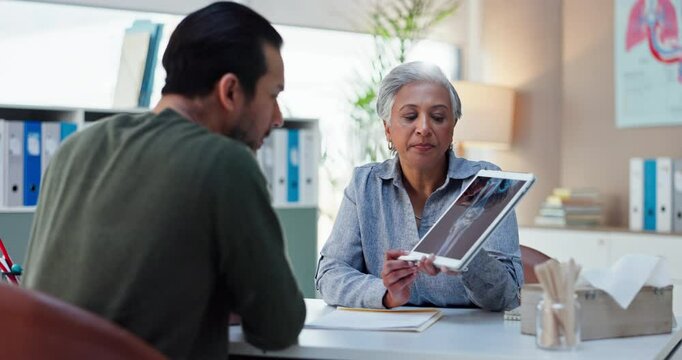 Consulting, doctor and xray with tablet and woman for medical, report or treatment plan. Healthcare, medicine and synthetic stem cell therapy with patient and bone marrow transplant breakthrough