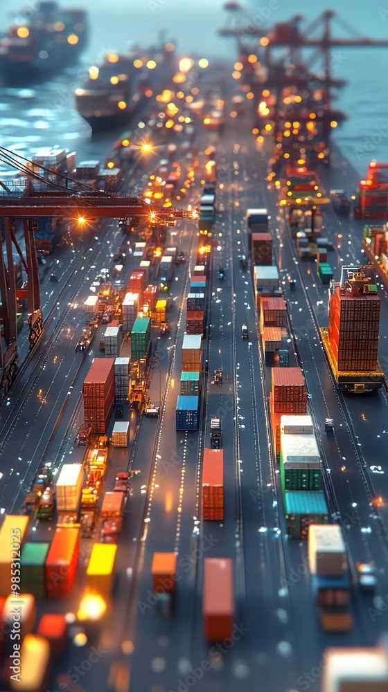 Poster Aerial view of a container port at dusk with rows of colorful shipping containers.