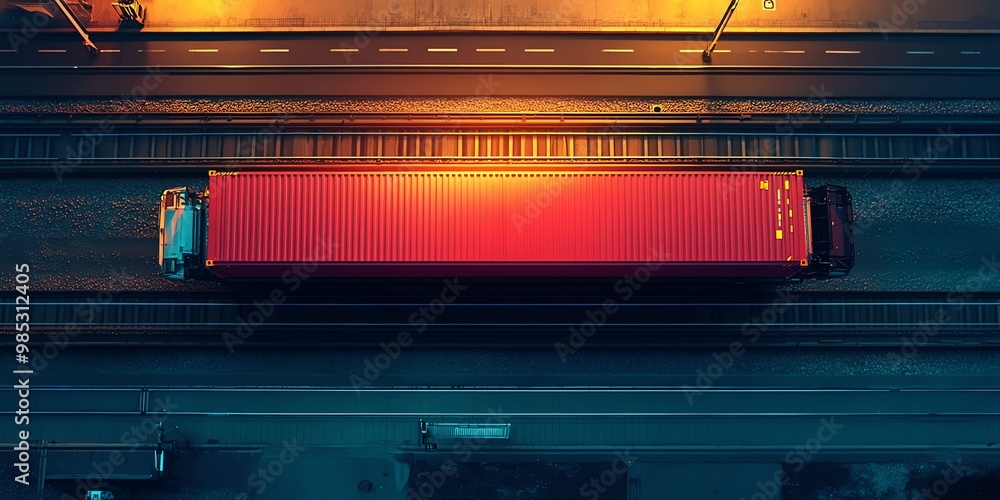 Poster aerial view of a red shipping container on a train track at night.