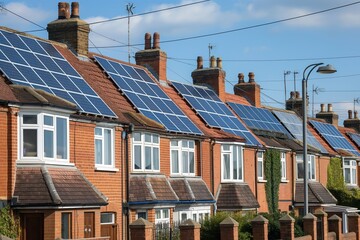 Rear of terraced houses in UK with solar panels installed. Photovoltaic system generates clean energy for homes. Renewable technology for electricity and power. Sustainable living in Britain.