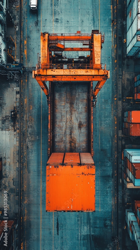 Poster aerial view of an orange gantry crane loading cargo containers onto a ship.