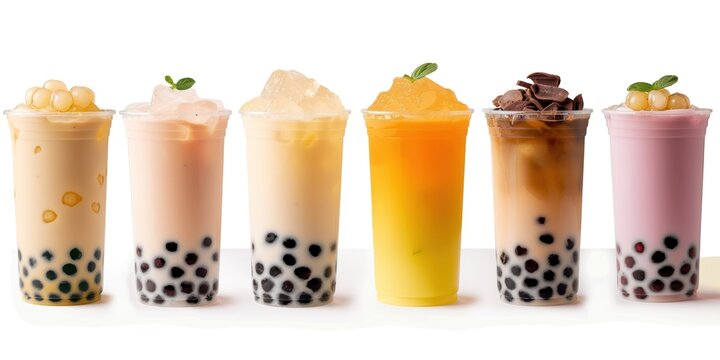 Tapioca bubble tea selection on transparent background. Colorful drinks in glasses, milkshakes, smoothies. Fresh fruit, creamy milk, sweet desserts. Strawberry, orange, chocolate flavors.