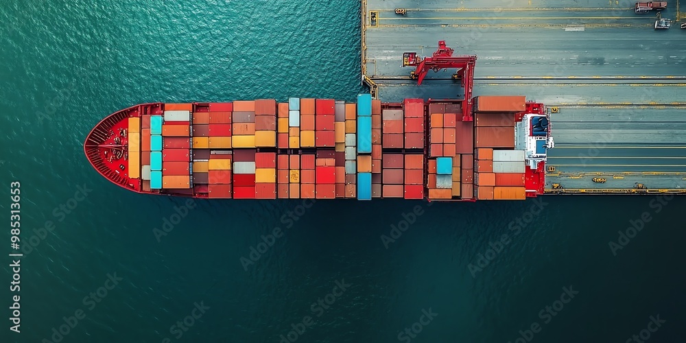Aufkleber An aerial view of a large cargo ship docked at a port with a red crane loading containers.