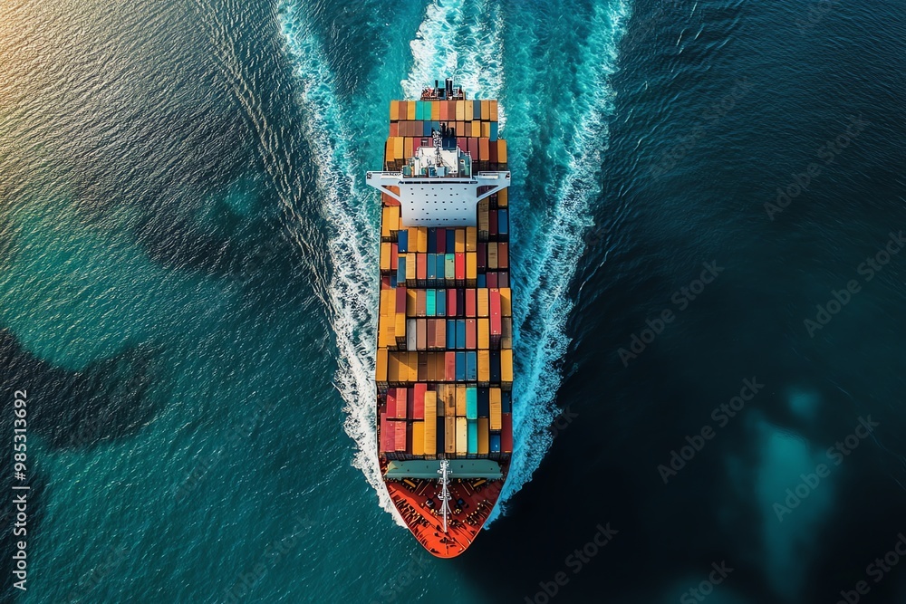Poster an aerial view of a large cargo ship sailing through the ocean, leaving a trail of white water in it