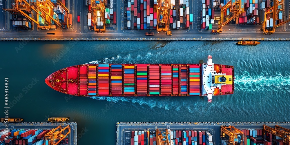Aufkleber An aerial view of a large container ship leaving a harbor with rows of colorful containers on deck.