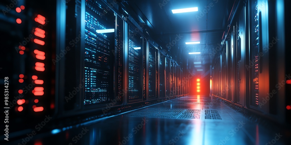 Aufkleber An empty server room with rows of servers glowing in blue and red light.