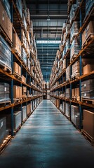 An empty aisle in a warehouse with rows of stacked cardboard boxes on shelves, showing a wide perspective of the space, indicating the efficient storage and distribution system of a large business.