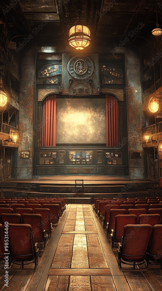 Poster an empty theater with red seats and a stage with red curtains, vintage looking.