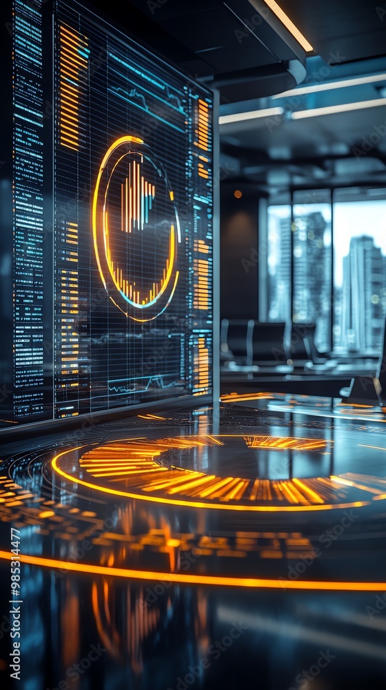 Poster An office with a large screen displaying data and a futuristic glowing interface on the table.