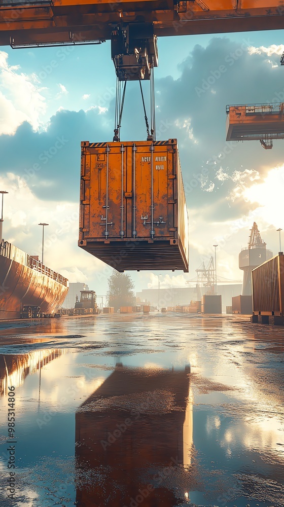 Poster an orange shipping container is being lifted by a crane at a port. the container is suspended in mid
